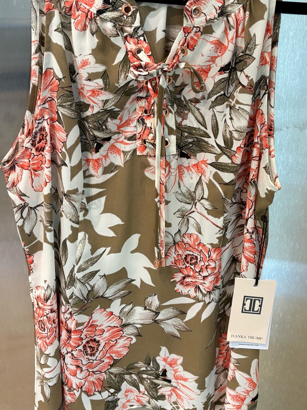 Ivanka Trump Georgia peach lace up top with coral and tan accents. NWT